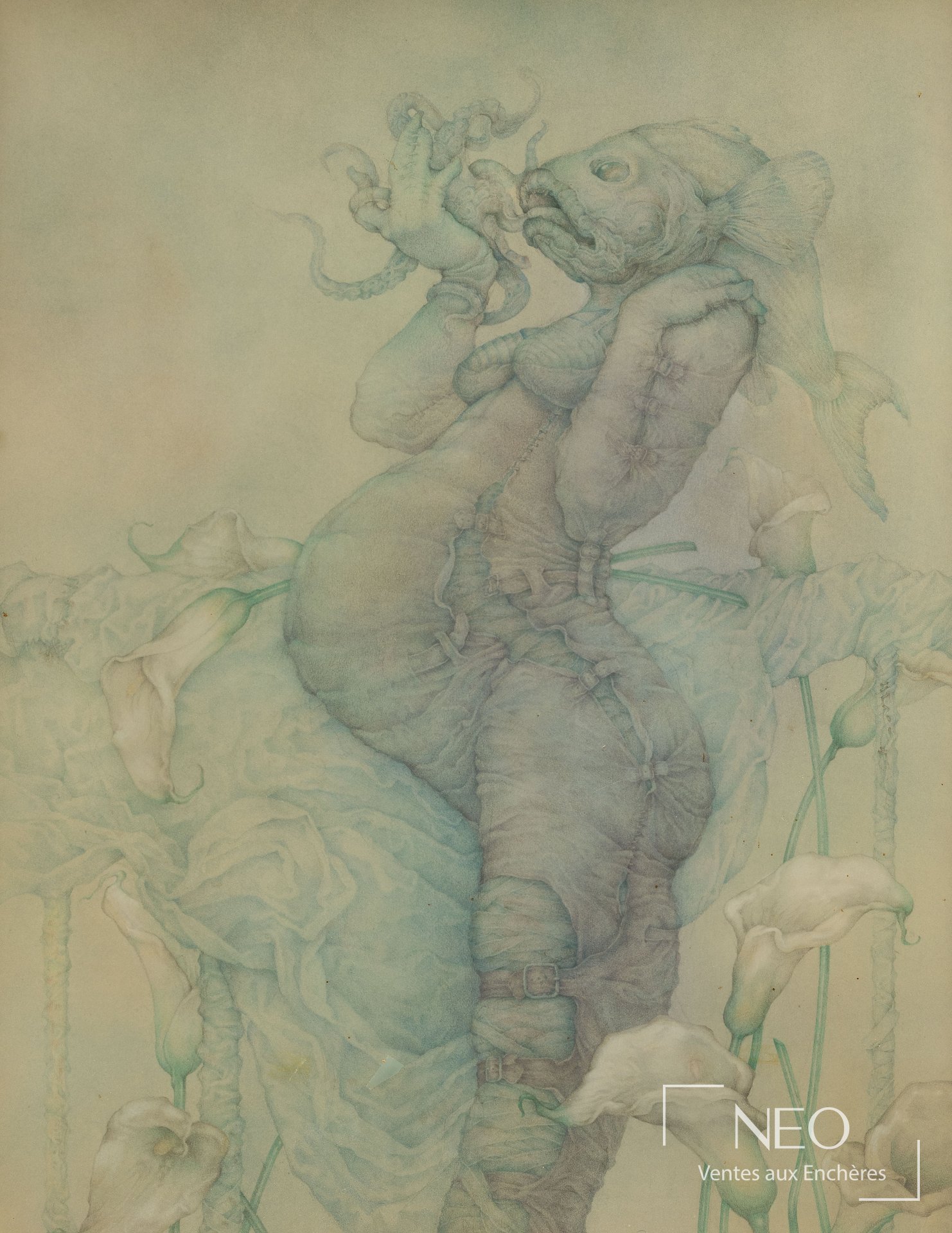 Dessin de Gilles Rimbault représentant une femme poisson en pastel et crayon sur papier