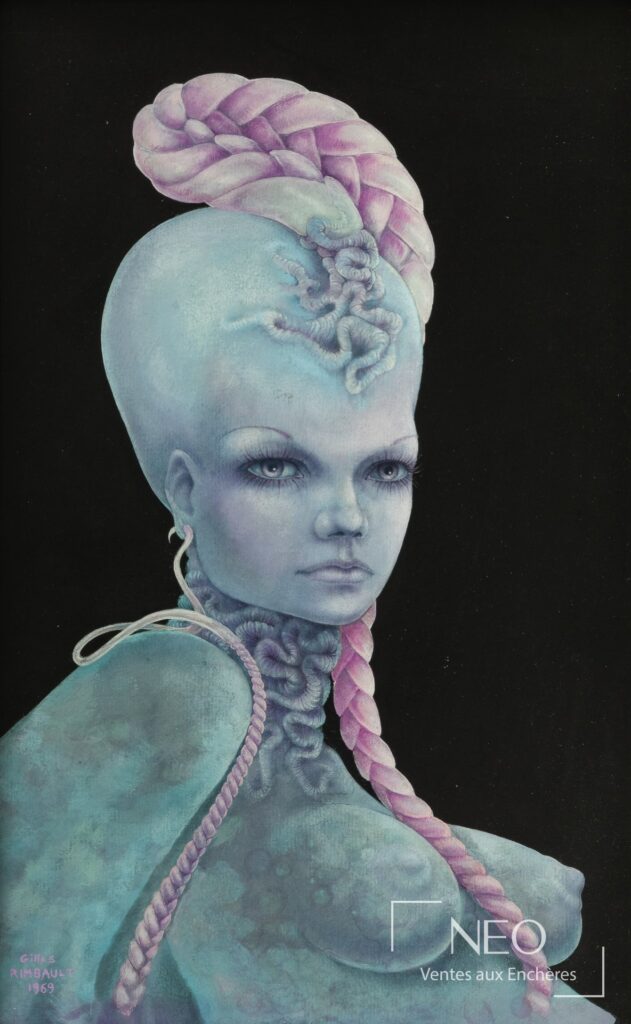 Figure féminine au visage bleu pâle avec longue tresse rose sur fond noir