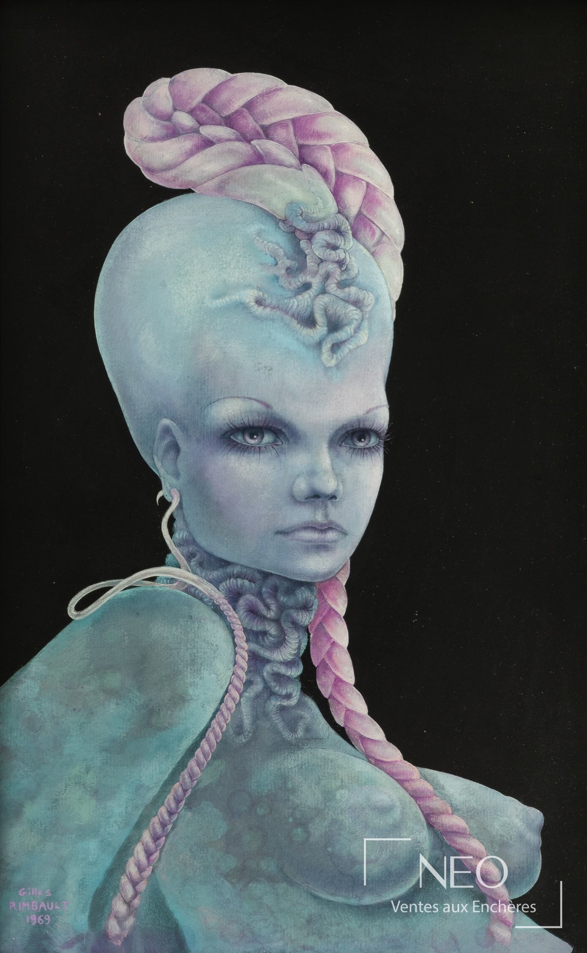 Gilles Rimbault Femme à la tresse rose, technique mixte sur papier, 1969