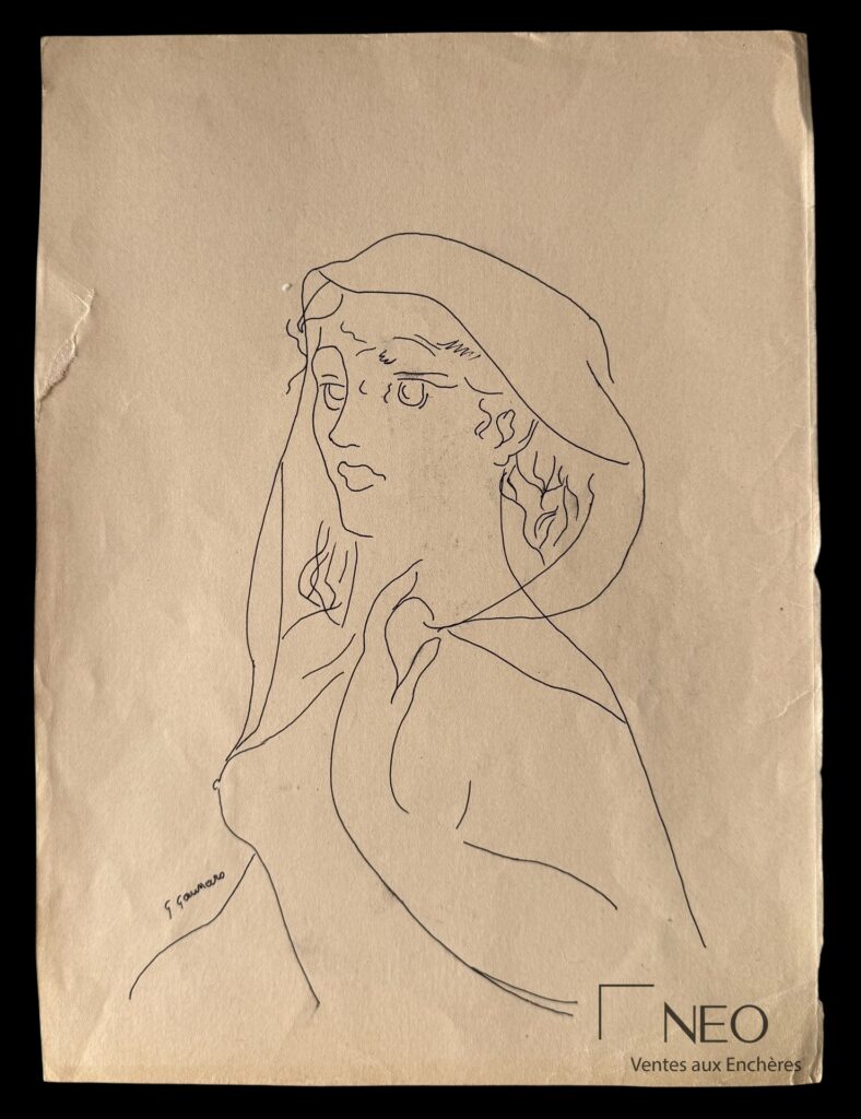 Dessin de femme au voile à l'encre de Chine sur papier