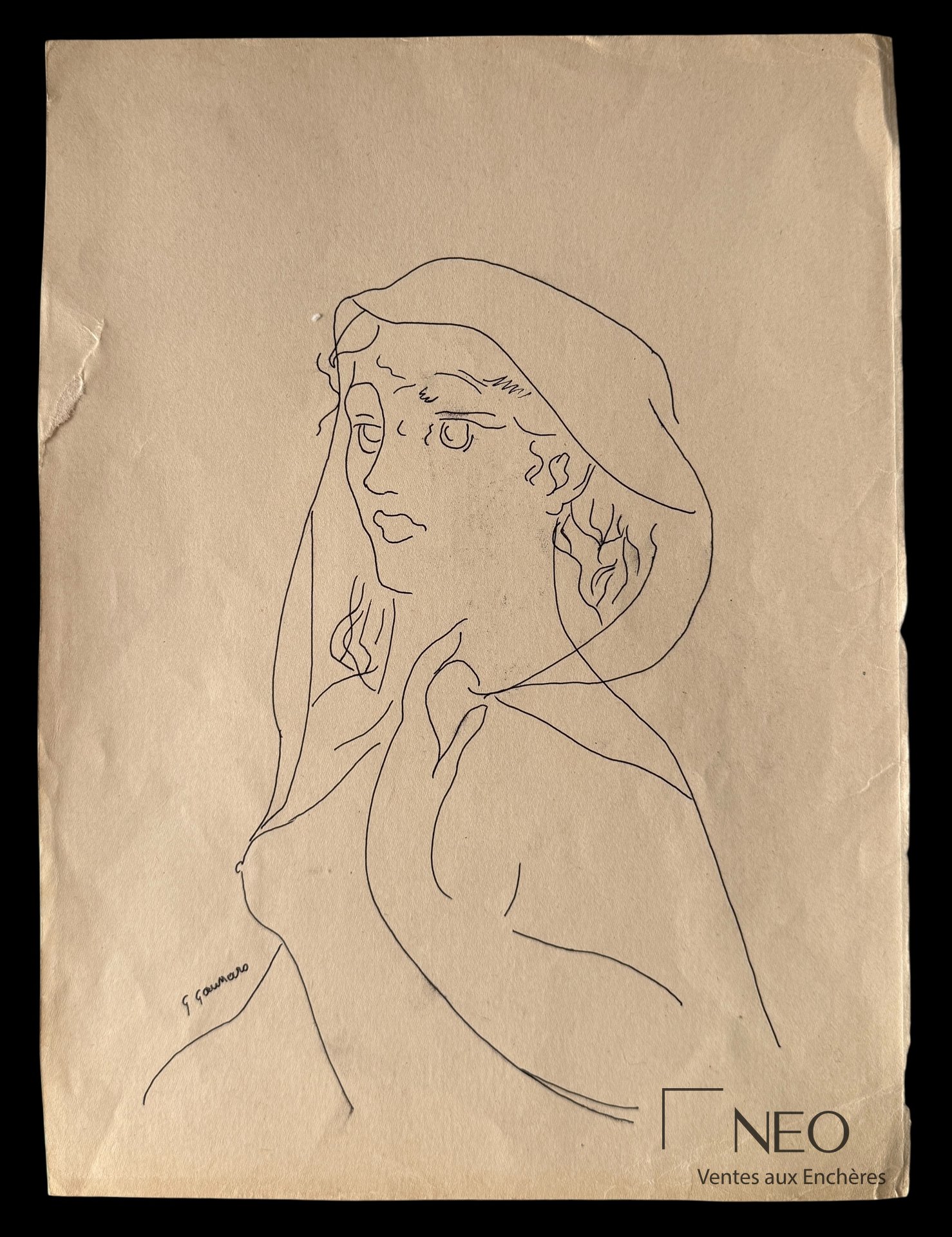 Dessin de femme au voile à l'encre de Chine sur papier