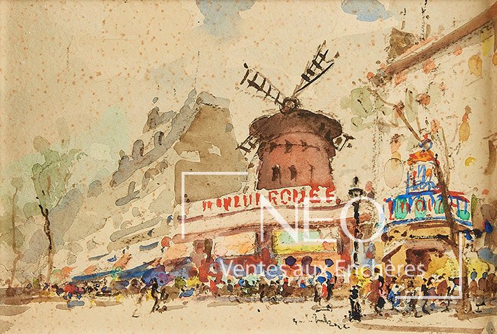 Aquarelle du Moulin Rouge avec sa façade et son moulin rouge dans une scène parisienne animée