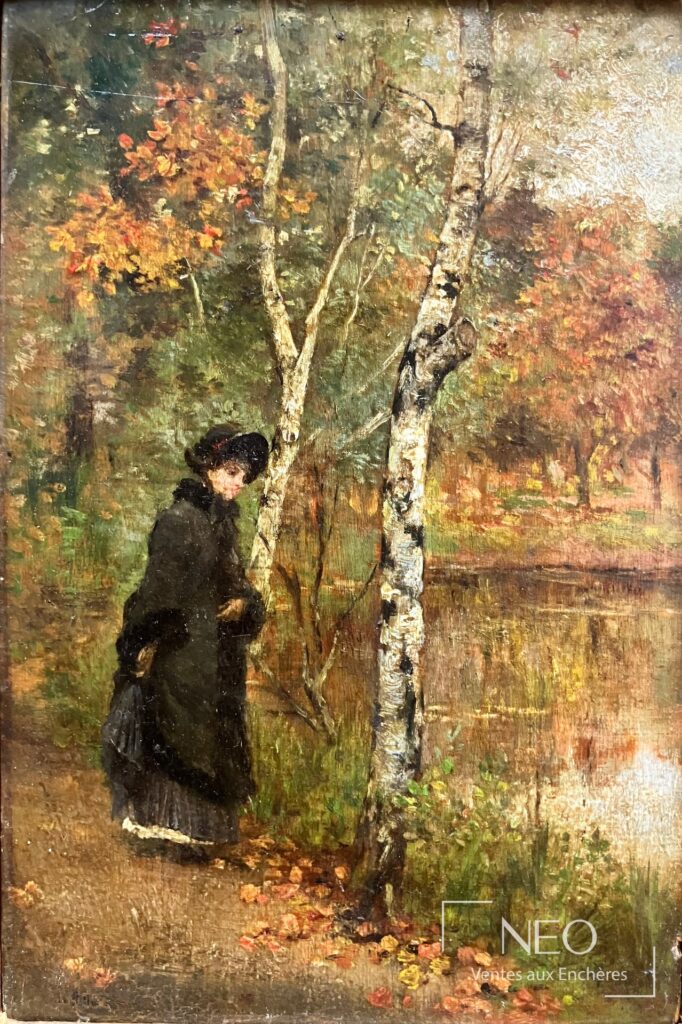 Peinture représentant une femme au bord d'un lac dans un paysage arboré aux tons d'automne