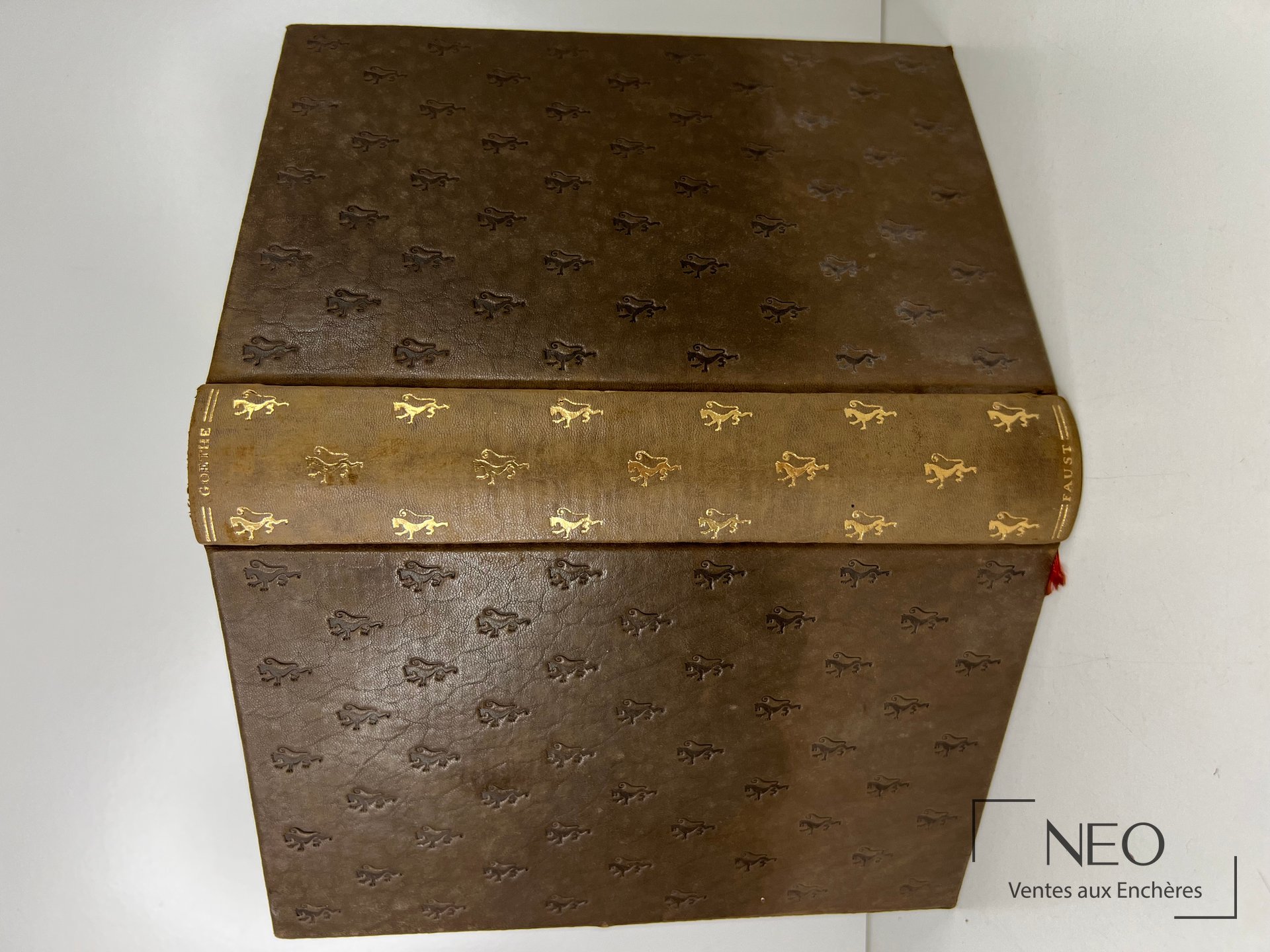 Livre relié brun avec dos lisse décoré de motifs dorés et titre en lettres dorées