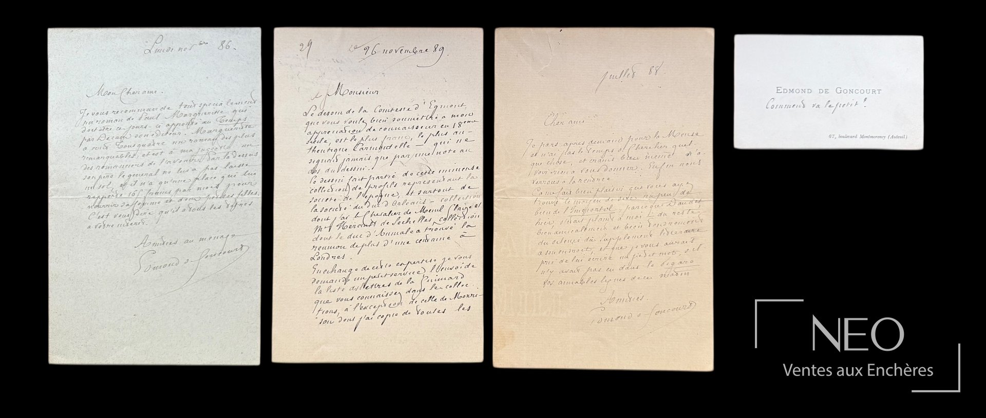 Ensemble de lettres autographes signées et carte d'Edmond et Jules de Goncourt