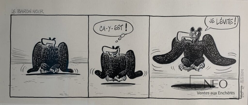 Strip humoristique en trois cases montrant un personnage noir nommé Le baron noir