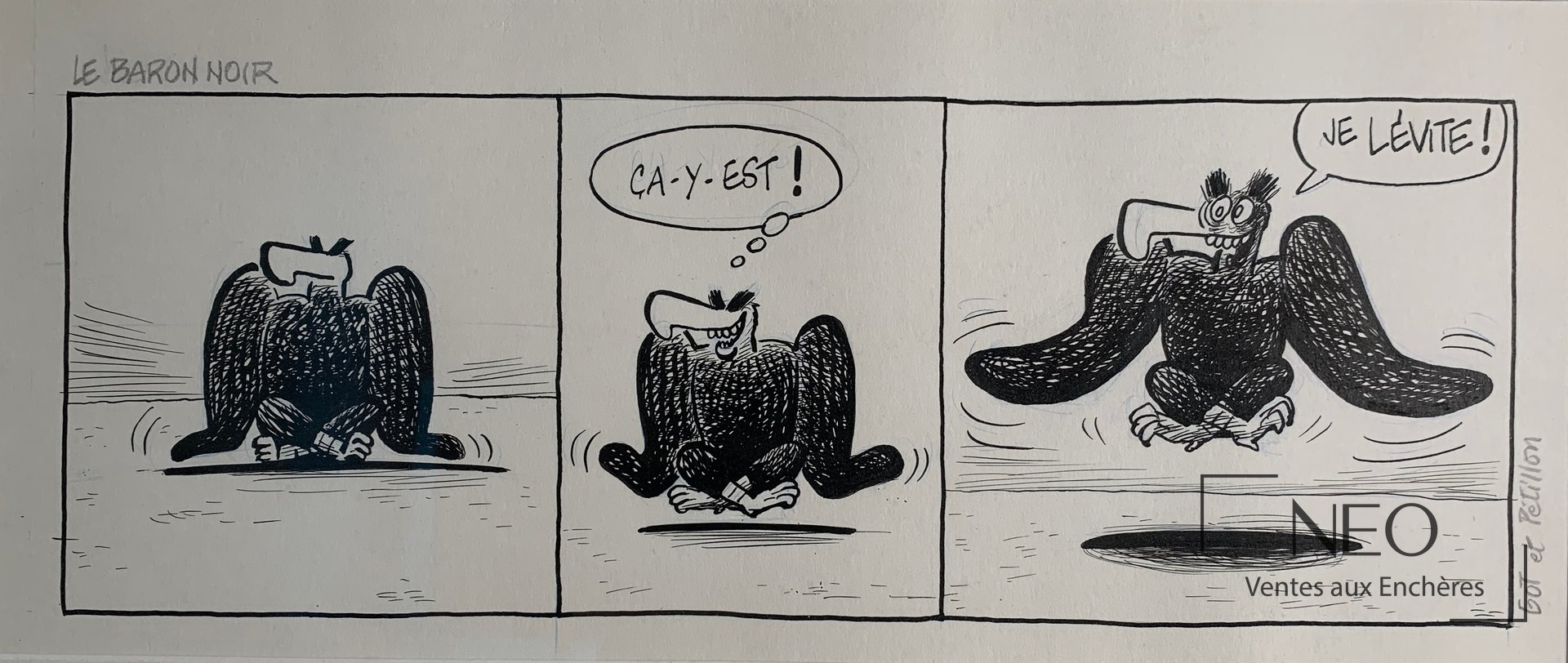 Strip humoristique en trois cases montrant un personnage noir nommé Le baron noir