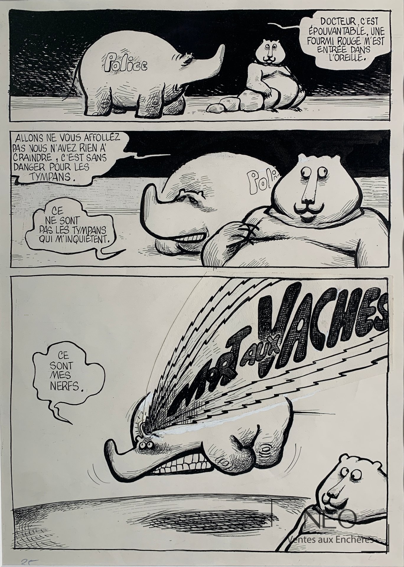 Planche humoristique de GOT Yves avec un éléphant et plusieurs cases en noir et blanc.