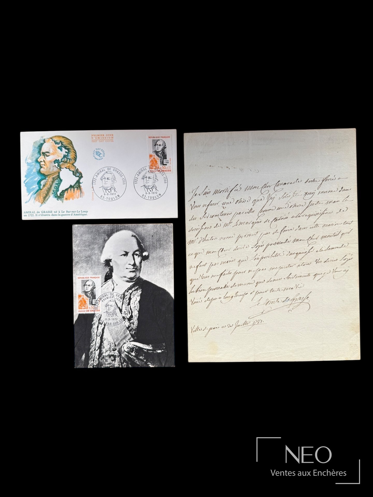 Lettre autographe signée de Grasse avec deux cartes commémoratives et une illustration du marquis