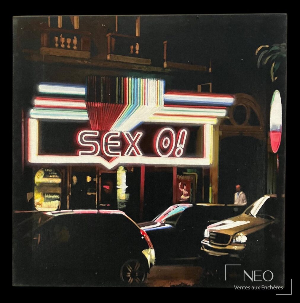 Huile sur toile de Gregory Derenne montrant une enseigne lumineuse « SEX O! » dans une scène nocturne urbaine.