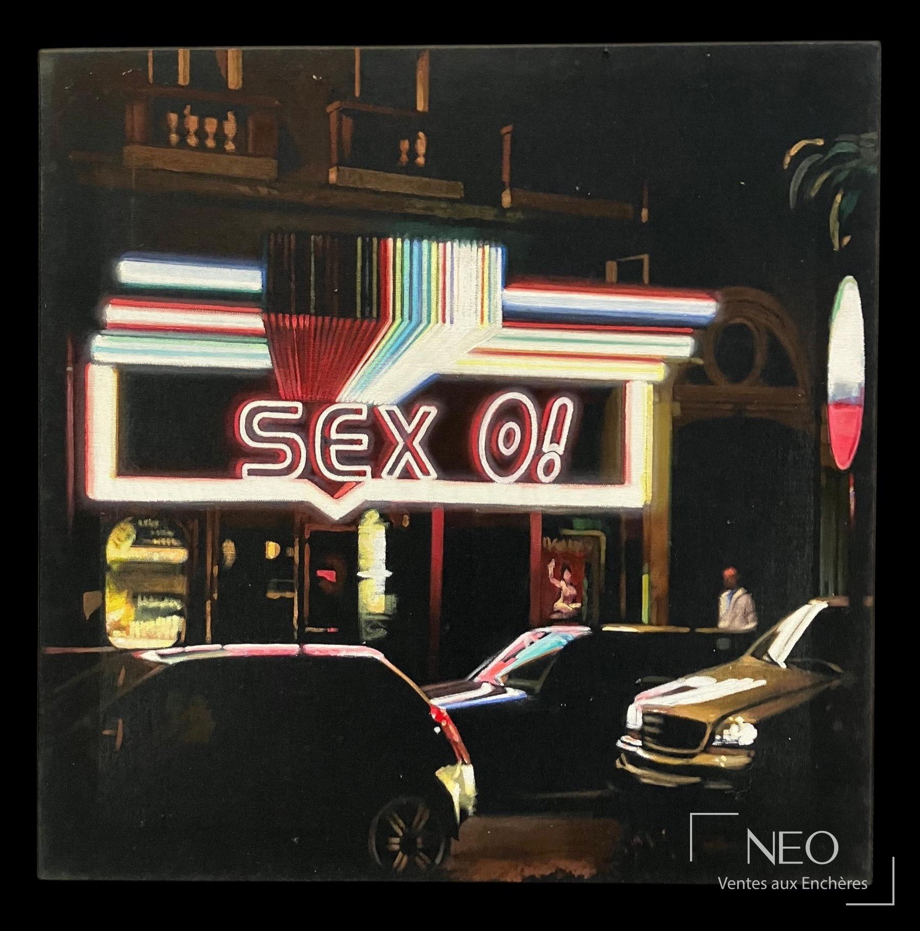 Huile sur toile de Gregory Derenne montrant une enseigne lumineuse « SEX O! » dans une scène nocturne urbaine.