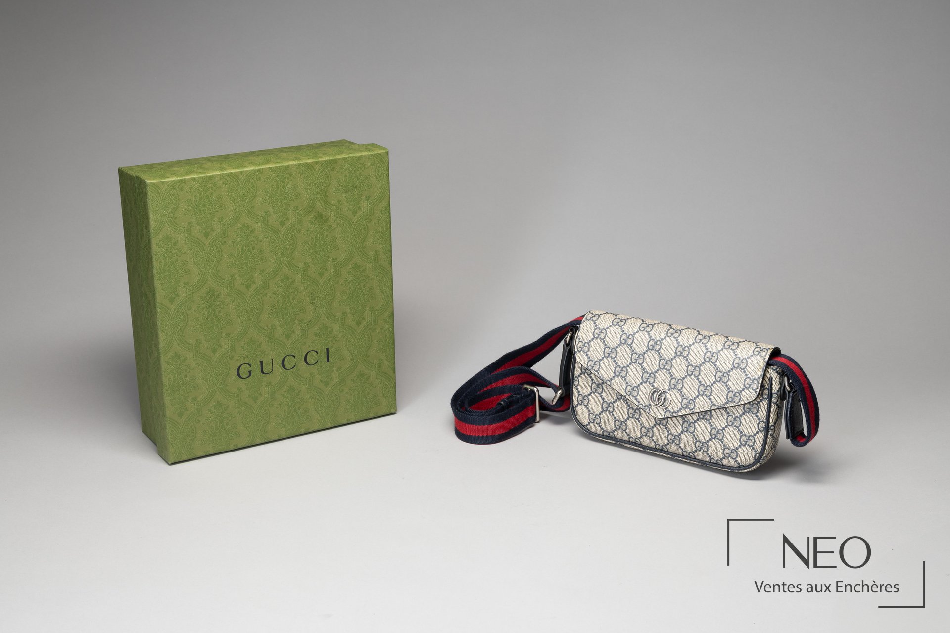 Sac Gucci Ophidia face avec boîte verte assortie et bandoulière bicolore rouge et bleu marine