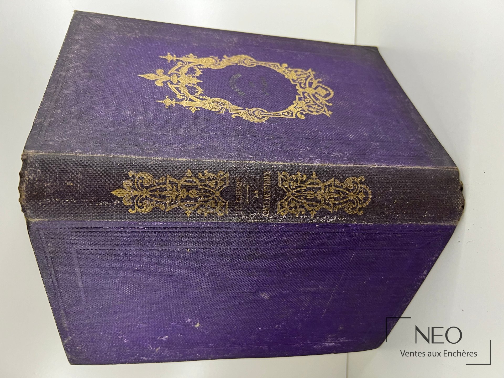 Couverture violette ornée de dorures sur le premier plat d’un livre ancien