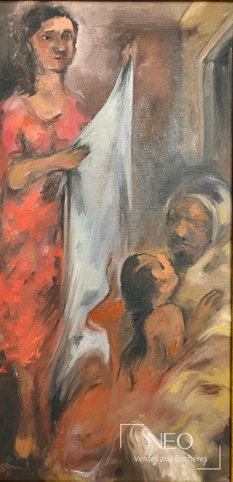 Gurcharan Singh, scène d&rsquo;intérieur, huile sur toile