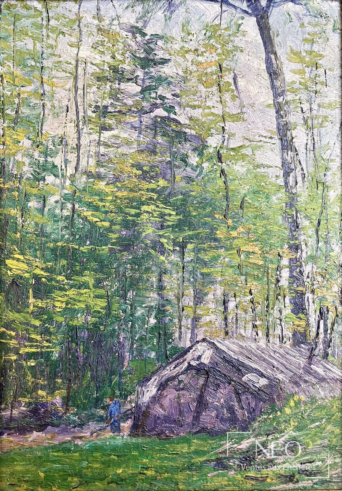 Huile sur toile représentant une cabane dans une forêt