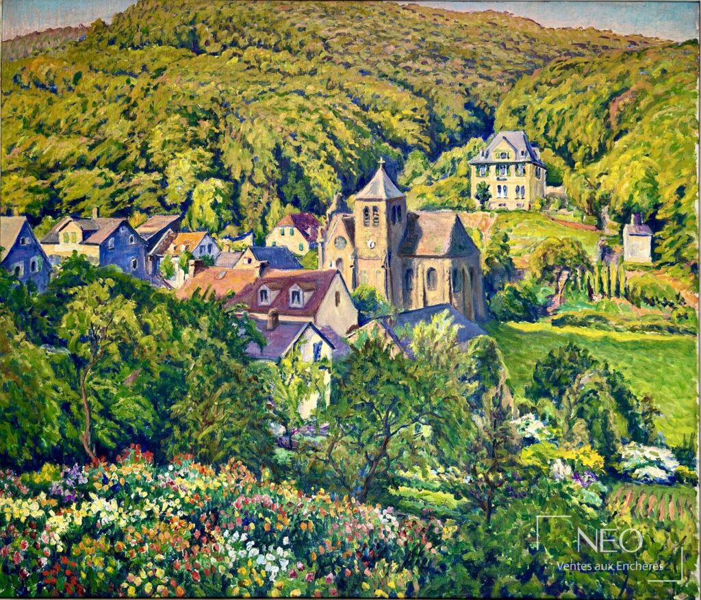 Vue de village colorée avec église et maisons au pied d'une vallée verdoyante