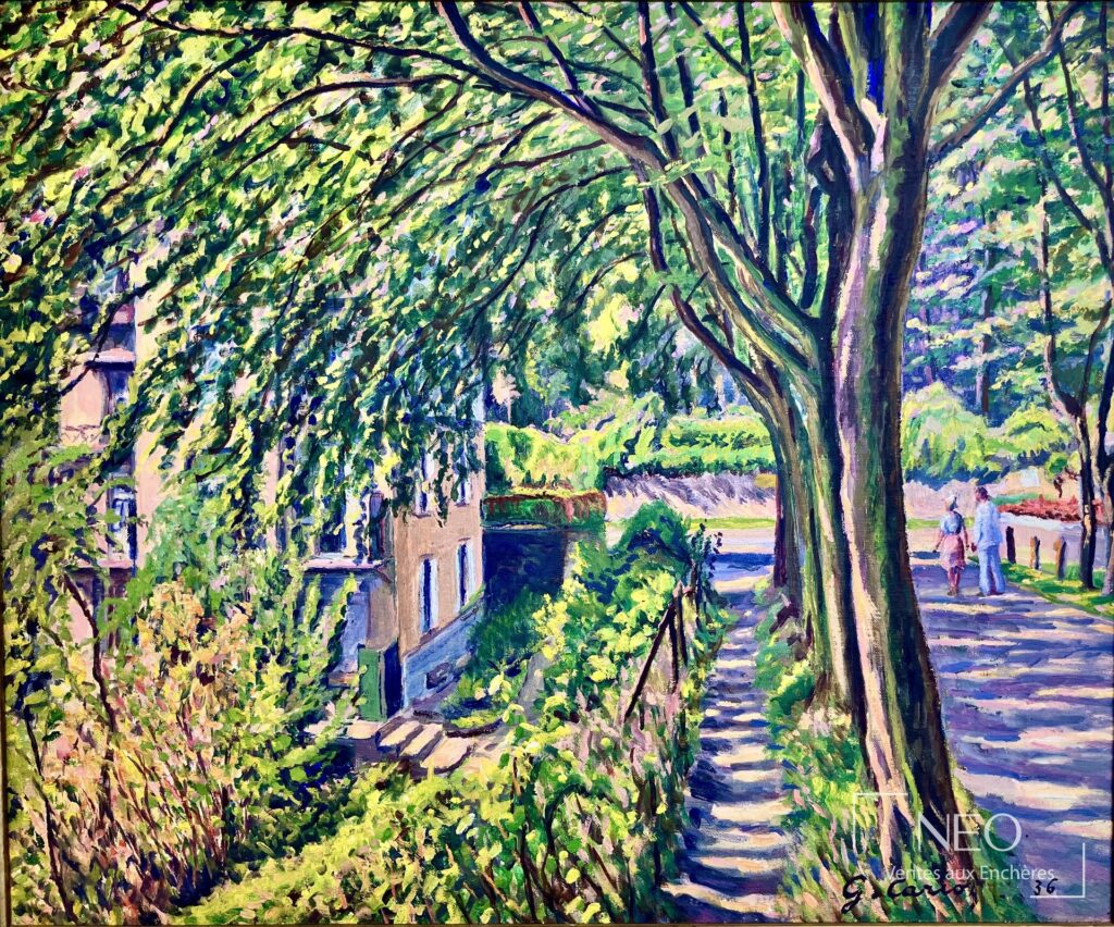 Paysage arboré peint à l'huile avec chemin et passants