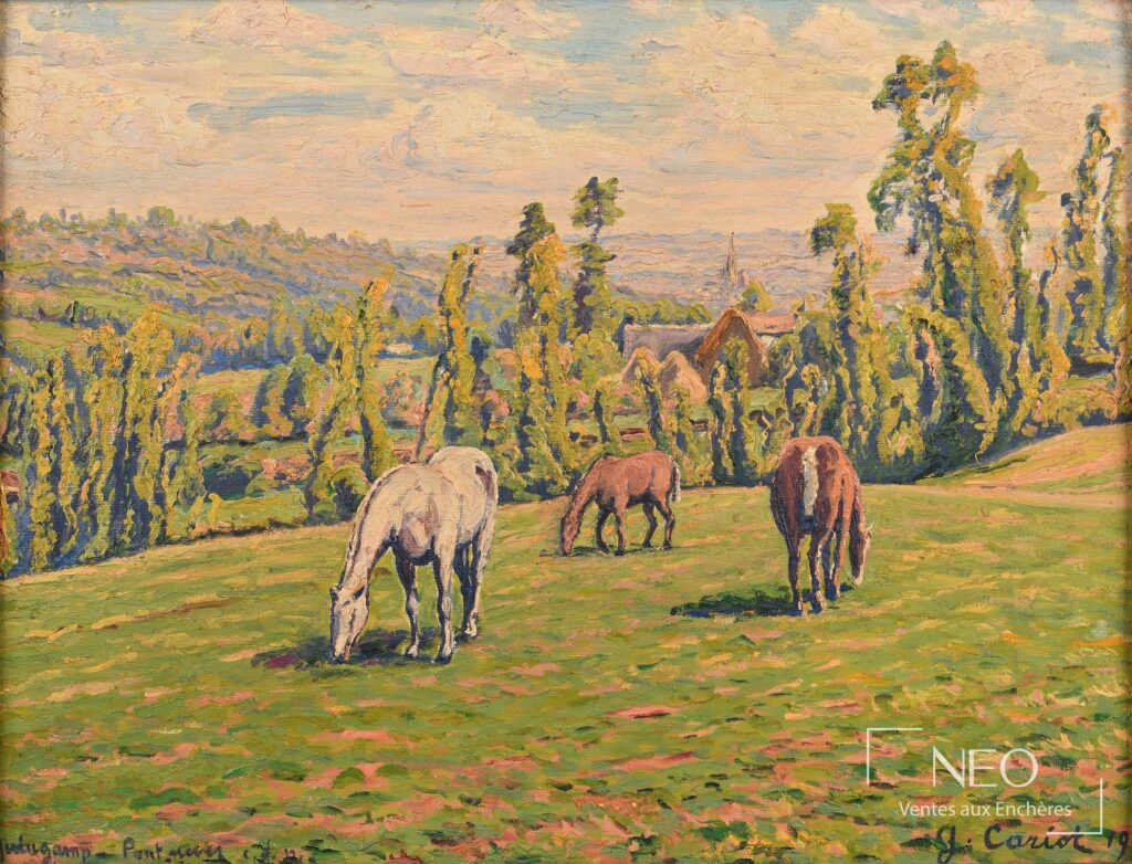 Paysage pastoral de Gustave Cariot avec trois chevaux au pâturage sous un ciel lumineux
