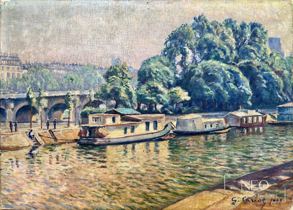Vue générale d'une huile sur toile représentant des péniches sur la Seine et des arbres au bord de l'eau