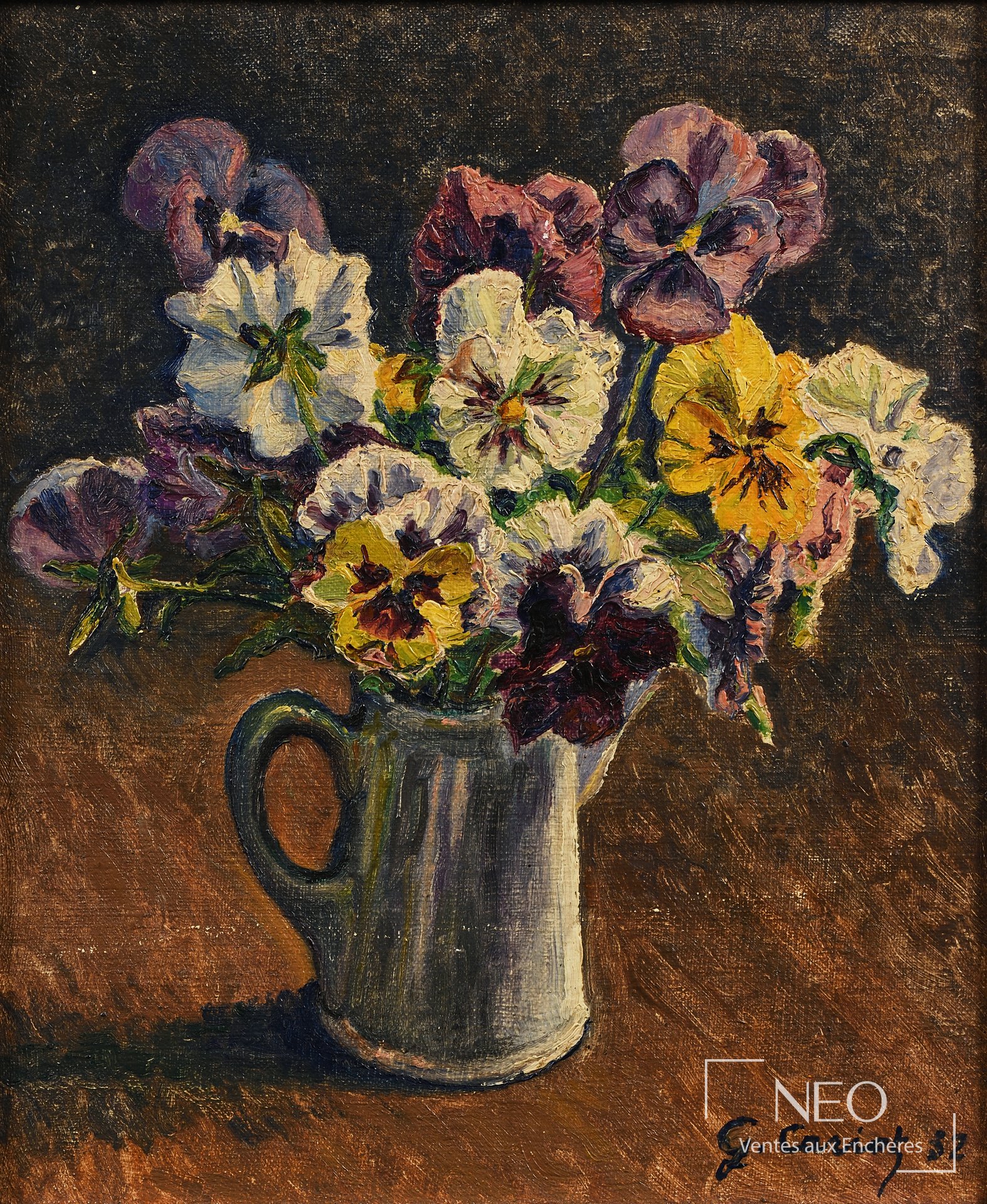 Gustave Cariot Pensées, huile sur isorel, 1932