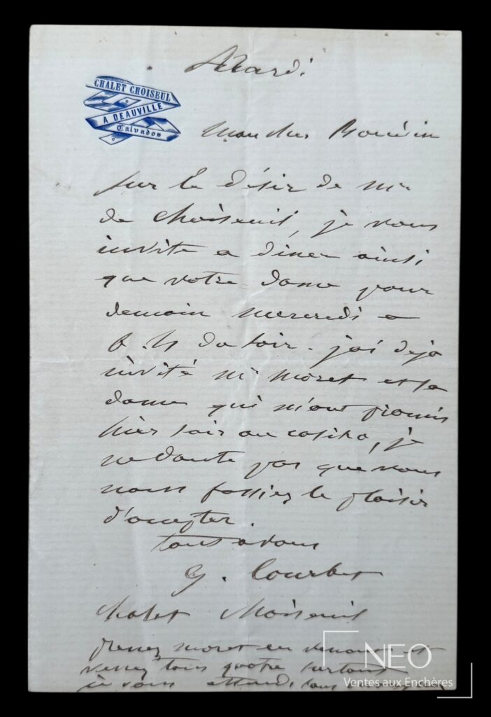 Lettre autographe signée de Gustave Courbet sur papier à en-tête du Chalet Choiseul à Deauville