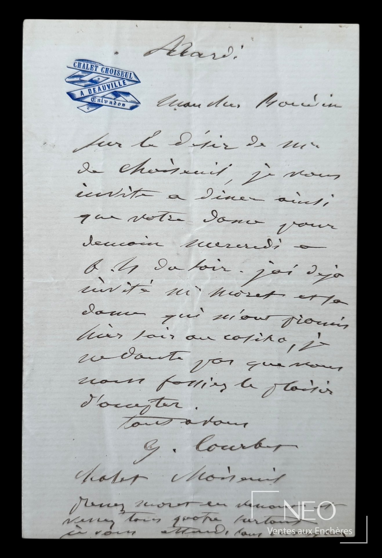 Lettre autographe signée de Gustave Courbet sur papier à en-tête du Chalet Choiseul à Deauville