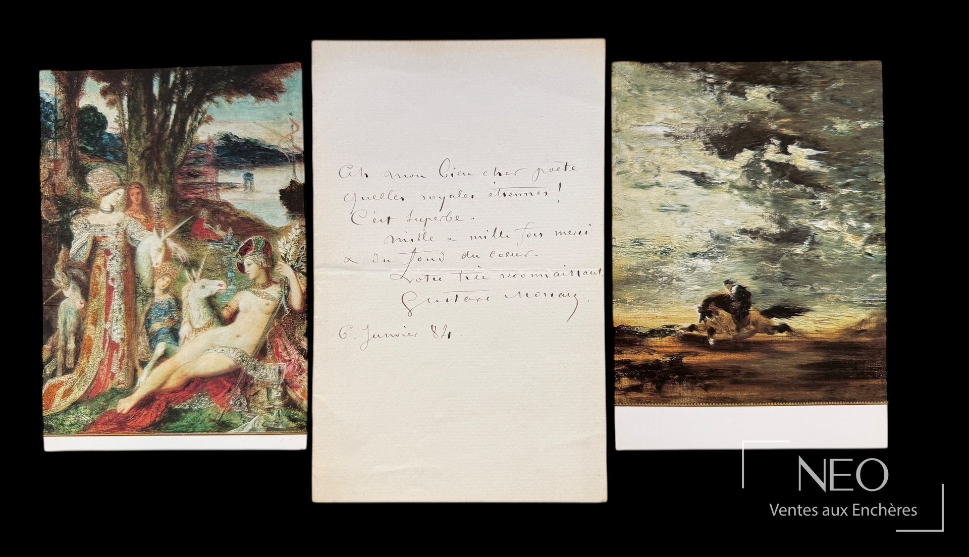 Billet autographe de Gustave Moreau présenté avec deux reproductions d'œuvres en encadrement.