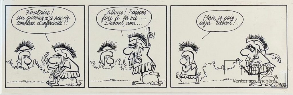 Strip humoristique de Guy Bara en trois cases avec personnages antiques et bulles de texte.