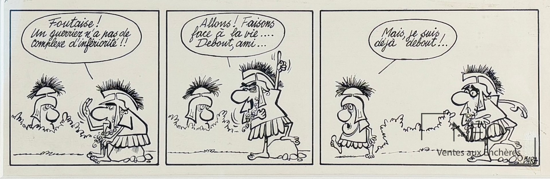 Strip humoristique de Guy Bara en trois cases avec personnages antiques et bulles de texte.