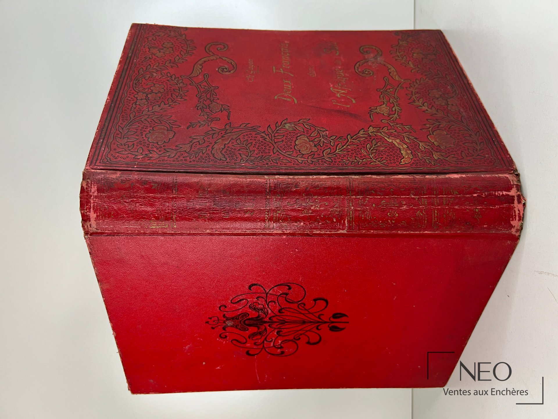 Couverture rouge illustrée d'un livre ancien avec décor doré et dos lisse.