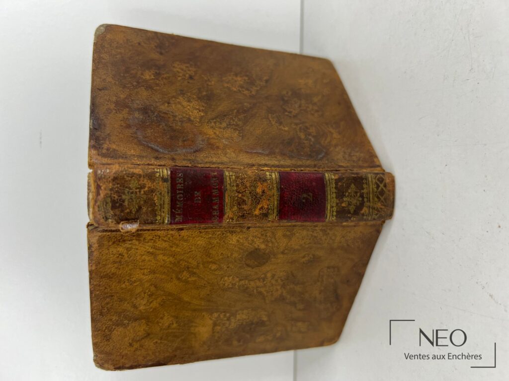 Dos d'un livre ancien en veau avec décor doré et pièce de titre rouge