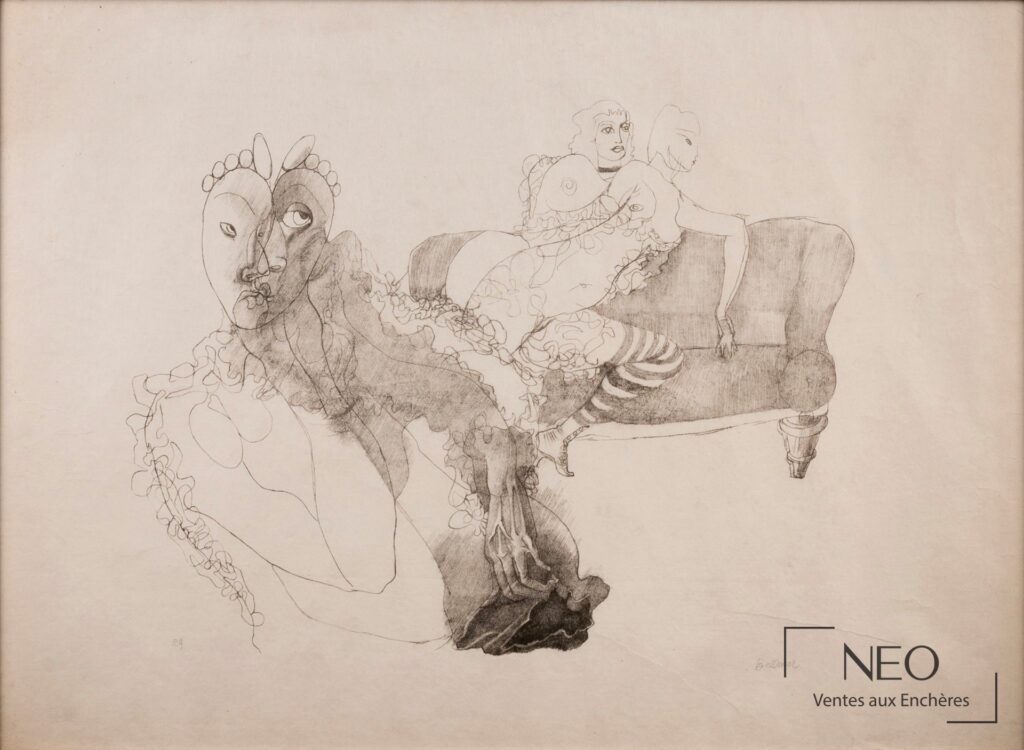 Lithographie de Hans Bellmer représentant deux femmes sur fond papier clair