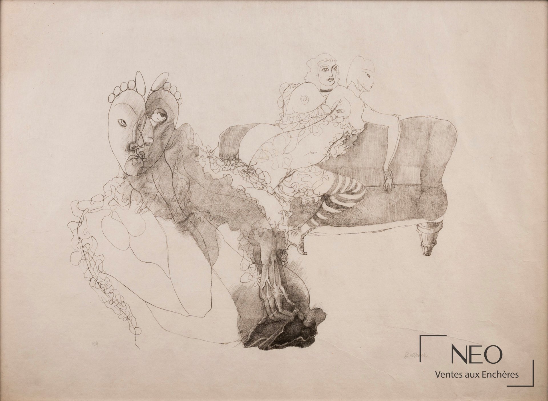 Lithographie de Hans Bellmer représentant deux femmes sur fond papier clair