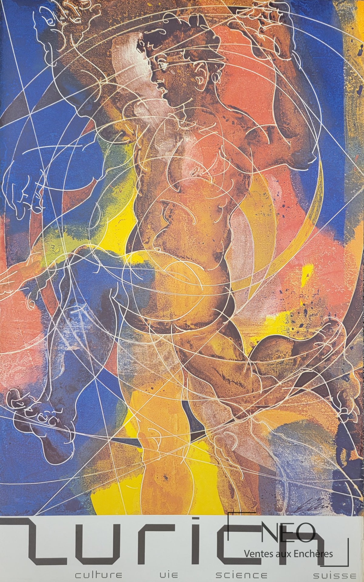 Affiche colorée de Hans Erni avec silhouette dessinée en traits blancs et mention Zurich en bas.