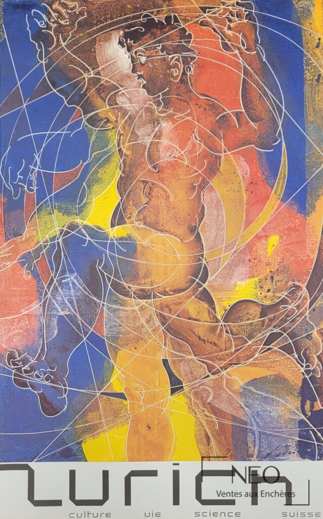 Affiche offset en couleurs de Hans Erni avec figures stylisées et larges aplats de bleu