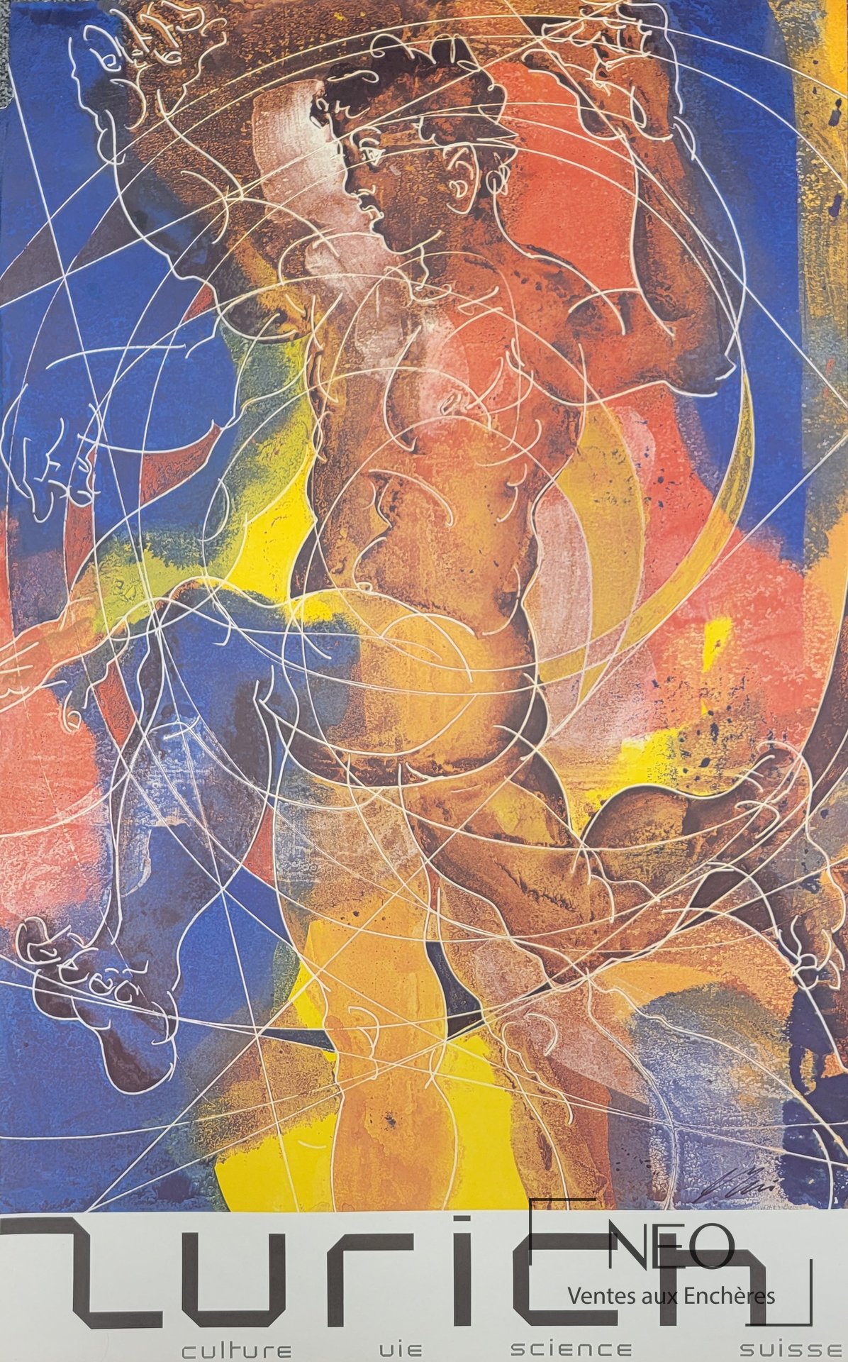 Affiche offset en couleurs de Hans Erni avec figures stylisées et larges aplats de bleu
