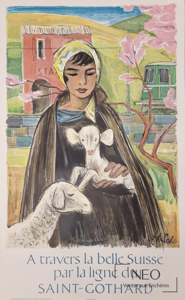 Affiche en couleurs représentant une jeune femme tenant un agneau