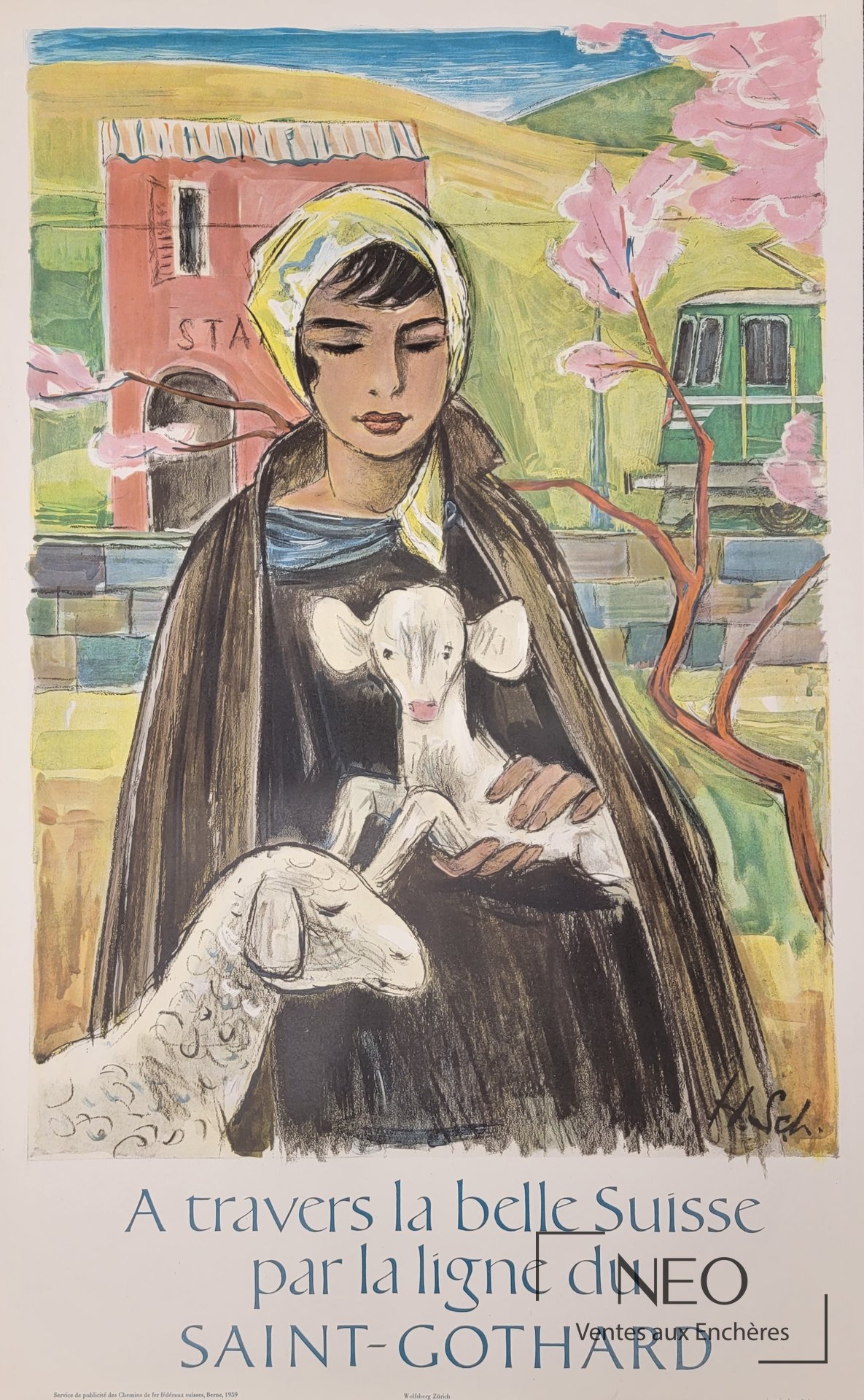 Affiche en couleurs représentant une jeune femme tenant un agneau
