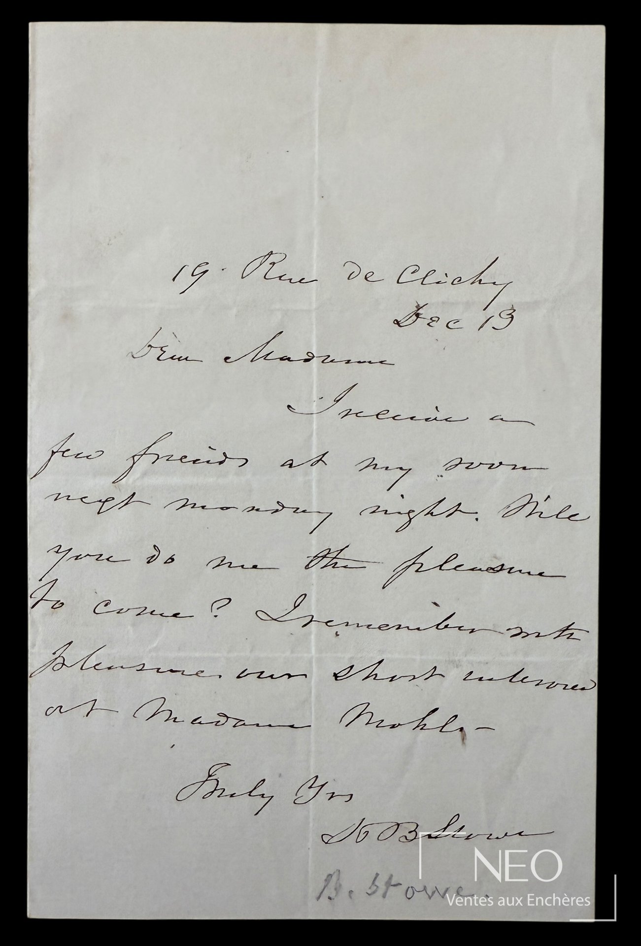 Lettre autographe signée de Harriet Beecher Stowe