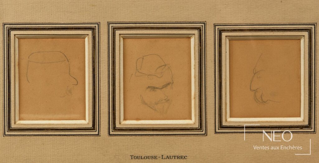 Trois études au crayon de personnages sous un encadrement triptyque signé Toulouse-Lautrec