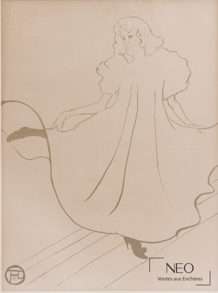 Lithographie de Henri de Toulouse-Lautrec représentant une femme debout en robe ample