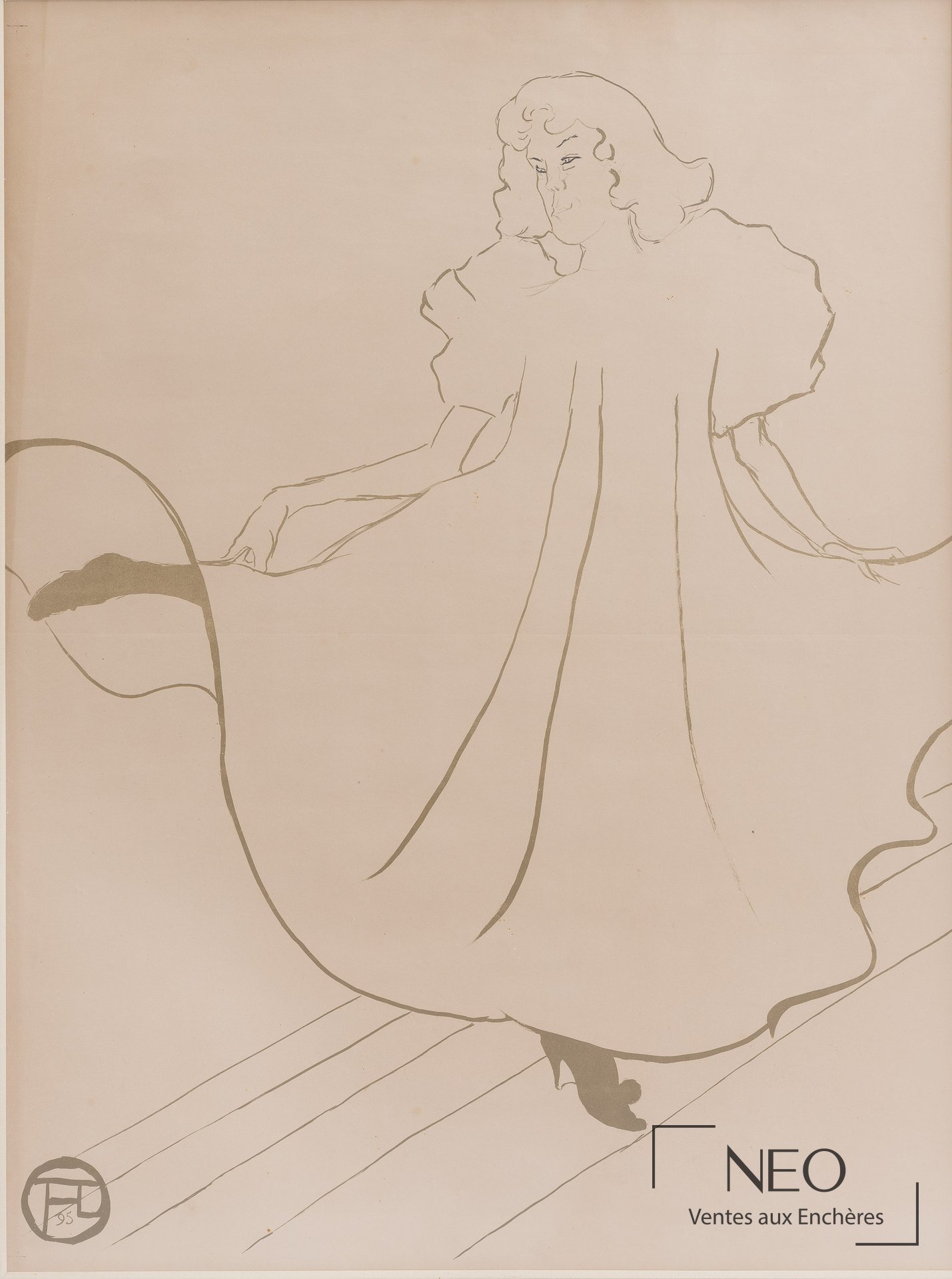 Lithographie de Henri de Toulouse-Lautrec représentant une femme debout en robe ample