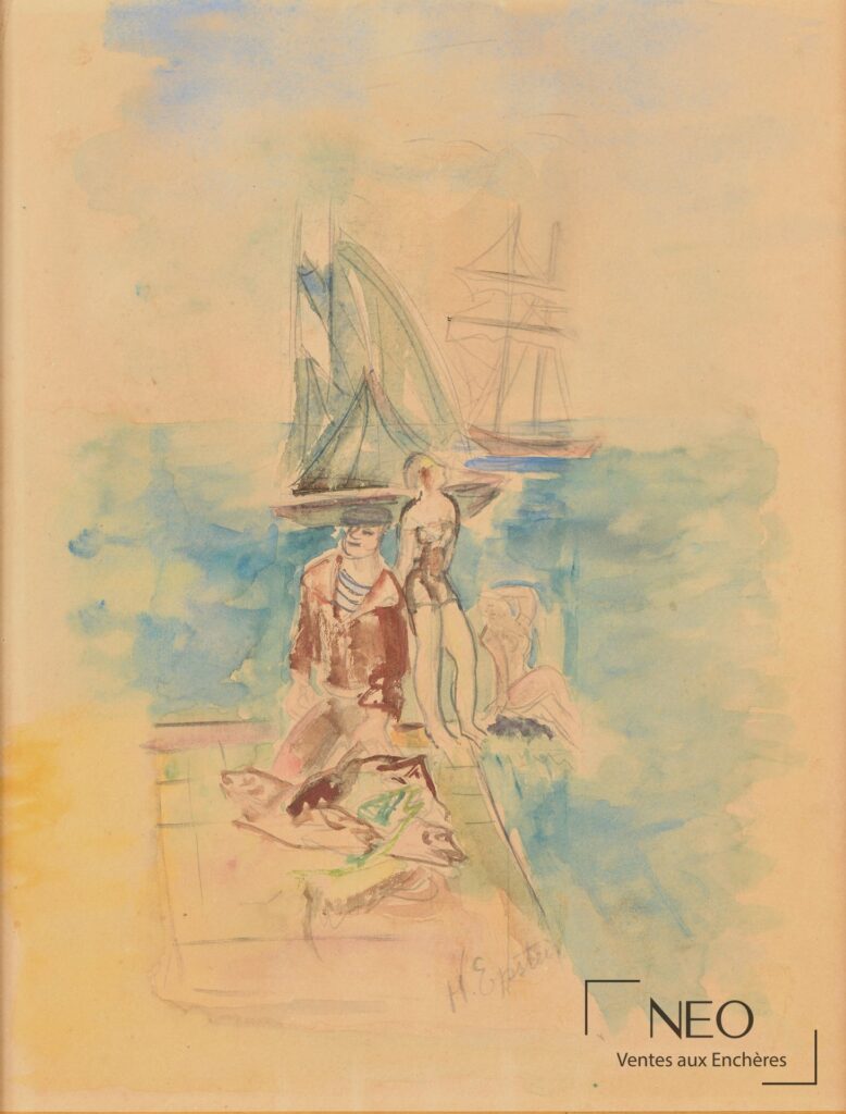 Aquarelle d'Henri Epstein représentant un marin et des nageuses au port