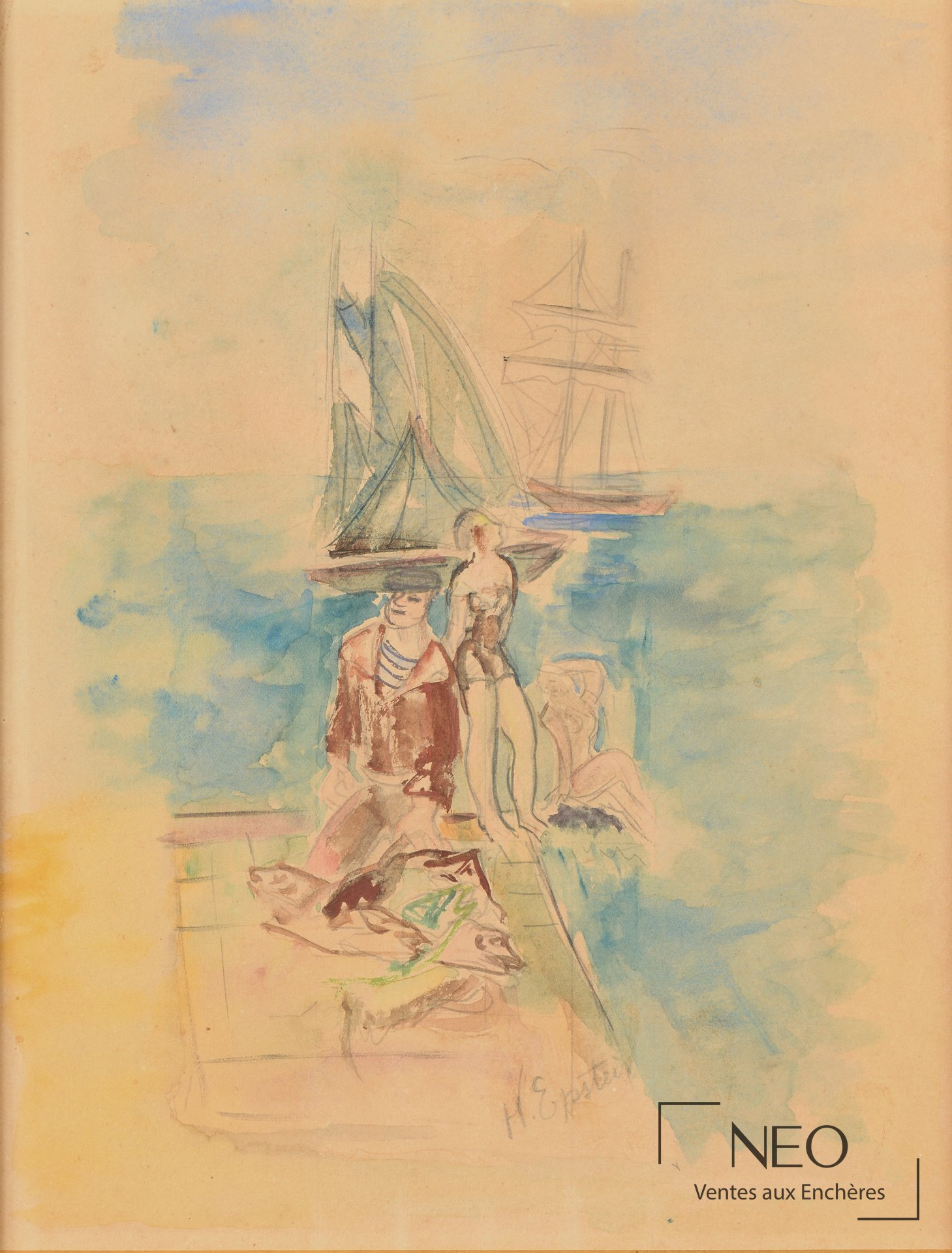 Aquarelle d'Henri Epstein représentant un marin et des nageuses au port