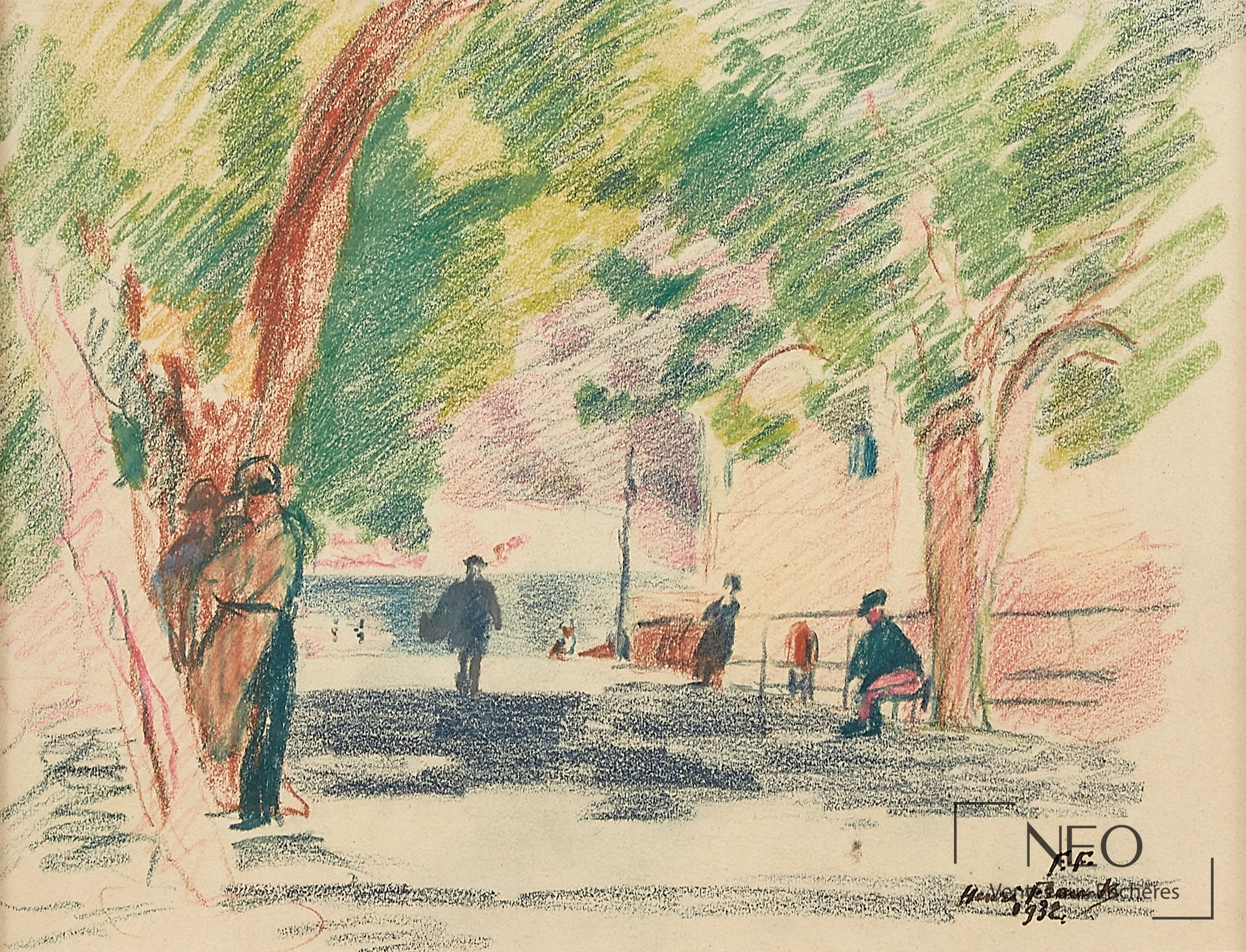 Dessin coloré représentant une promenade arborée avec des figures au premier plan.