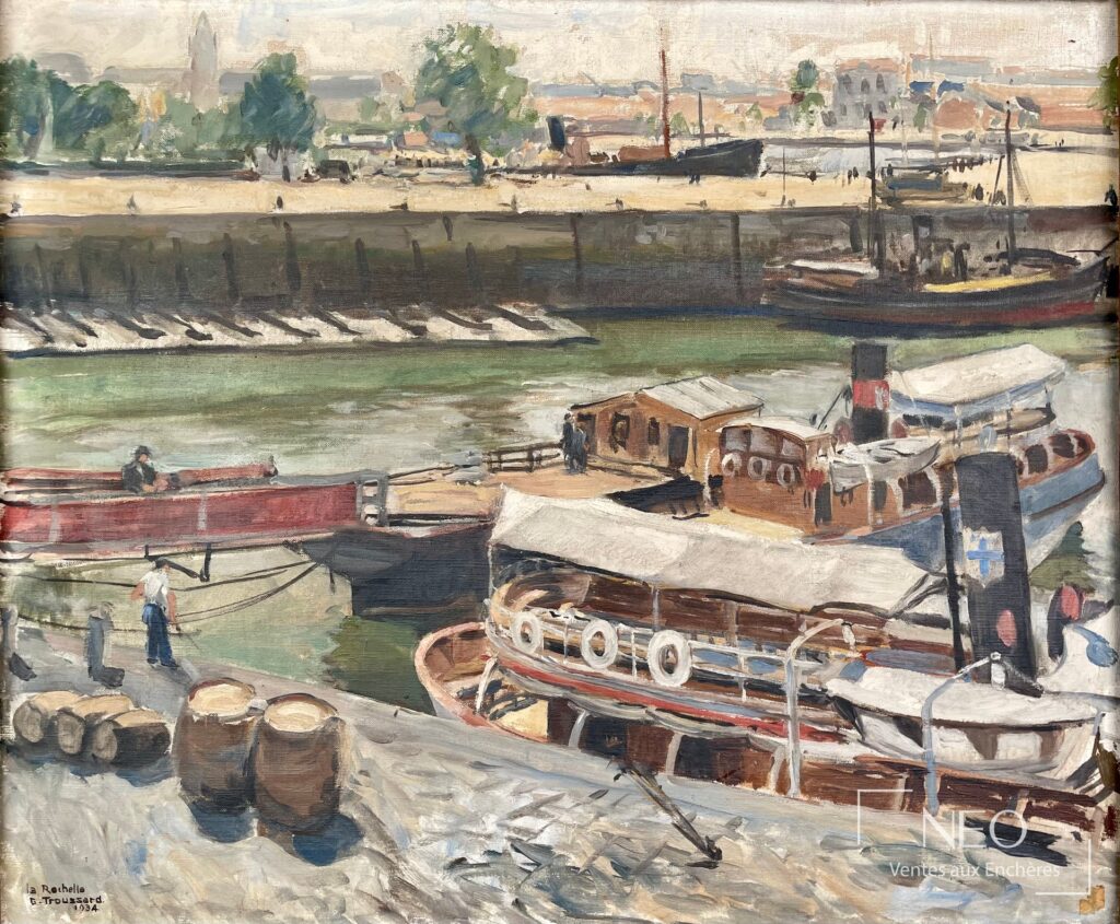 Vue d'ensemble de l'huile sur toile représentant un port avec bateaux et quais