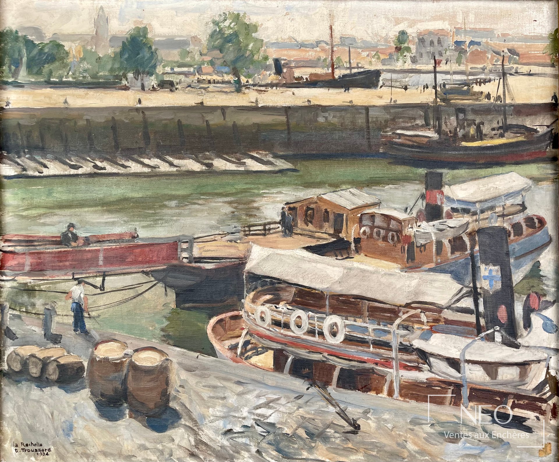 Vue d'ensemble de l'huile sur toile représentant un port avec bateaux et quais