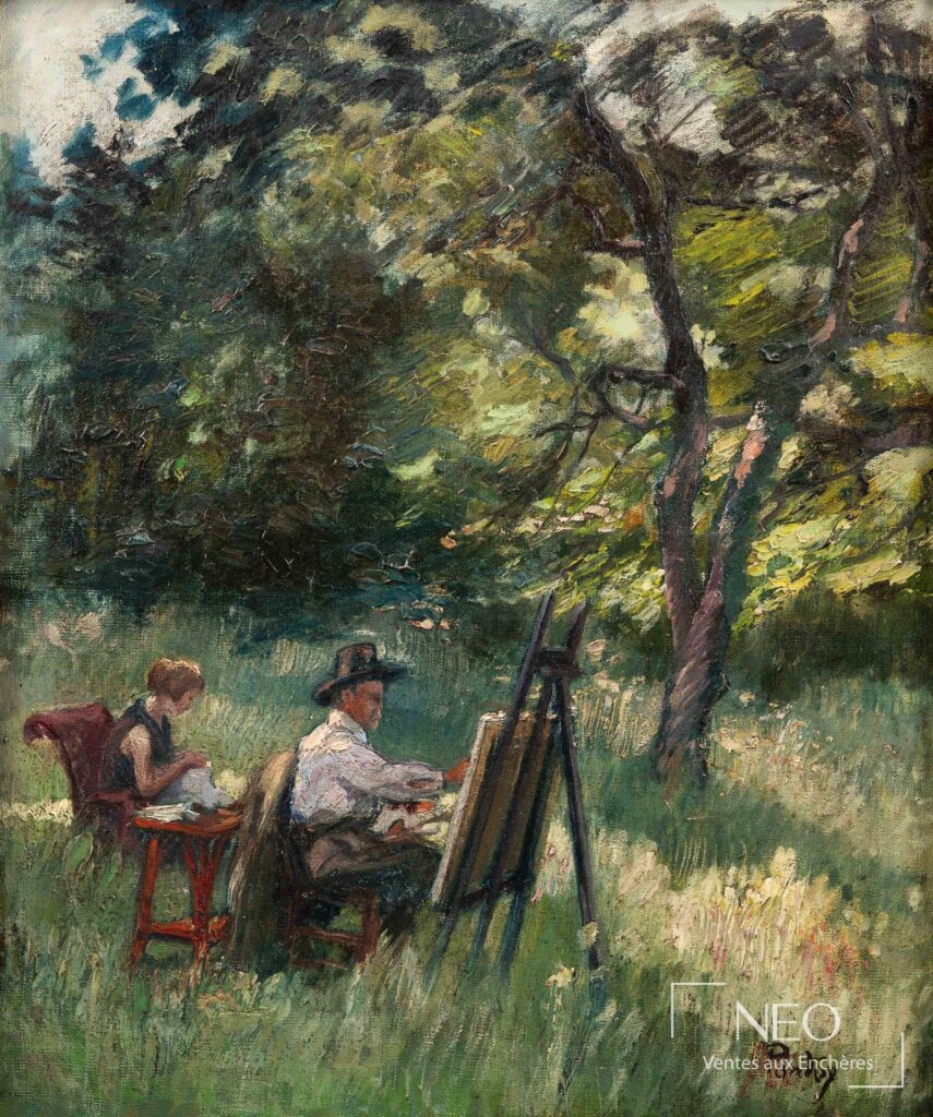 Scène peinte en plein air avec un artiste à son chevalet dans un paysage arboré