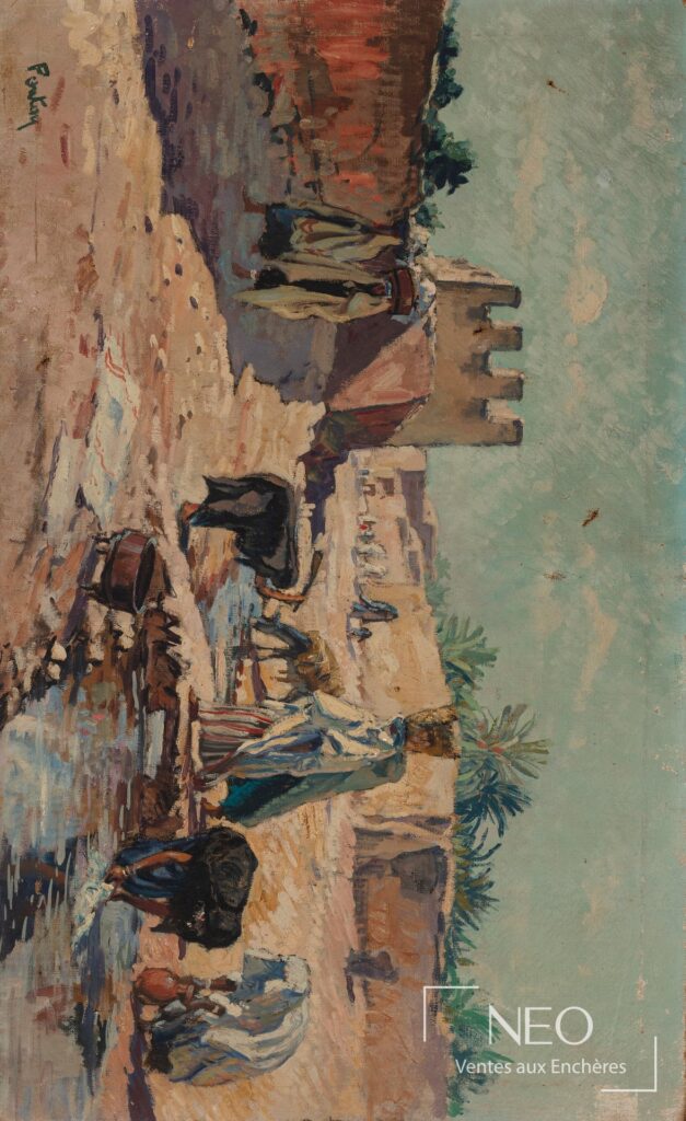 Peinture d’Henri Jean Pontoy représentant un lavoir avec des figures et des bâtiments