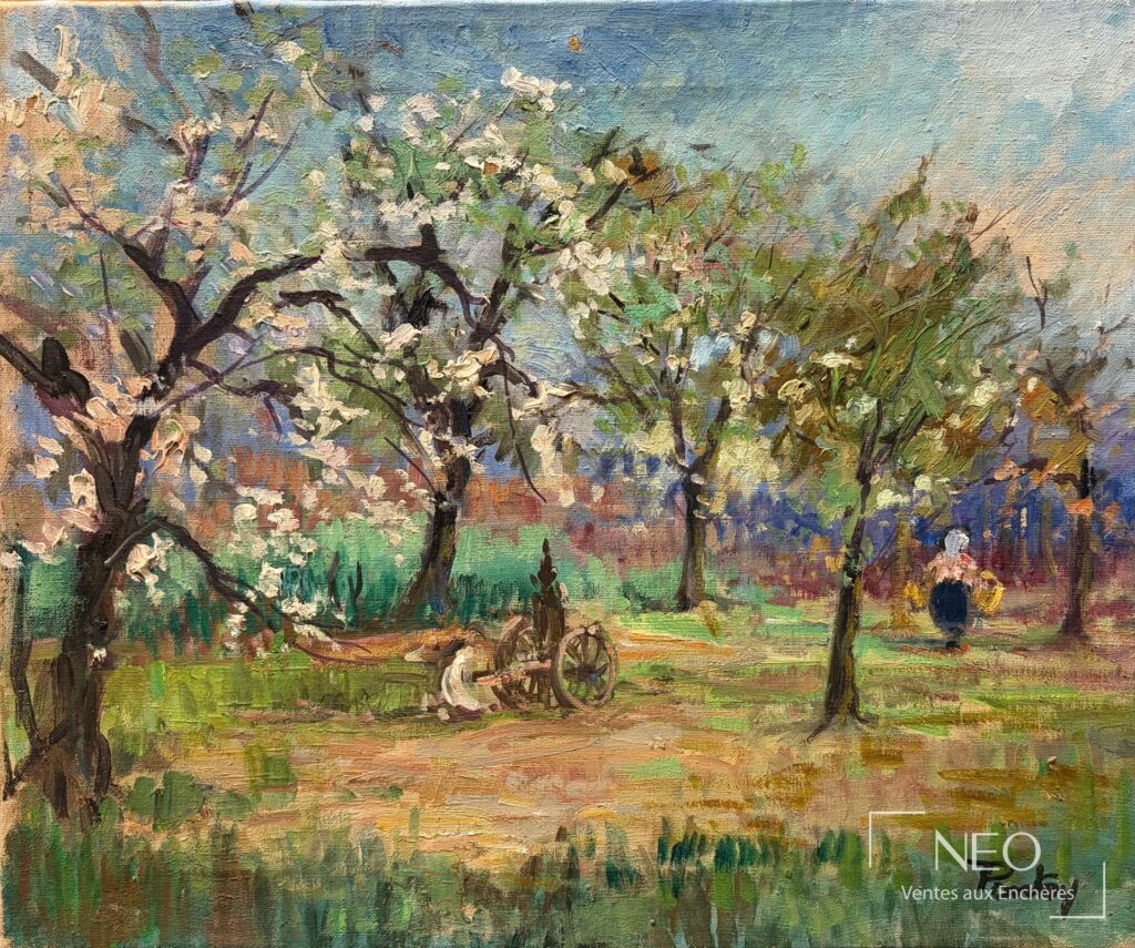 Huile sur toile représentant un paysage printanier aux arbres en fleurs